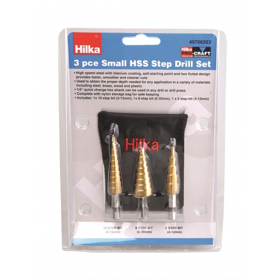 HILKA 3 PCE SMALL HSS STEP DRILL