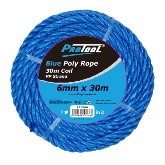 PROTOOL 06MM ROPE BLUE 30M HANK PP 3 STRAND