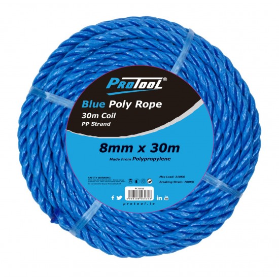 PROTOOL 08MM ROPE BLUE 30M HANK PP 3 STRAND