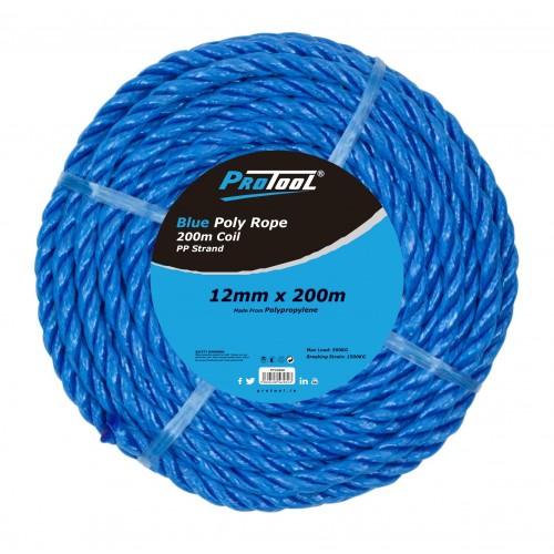 PROTOOL 12MM ROPE BLUE  200M COIL PP 3 STRAND