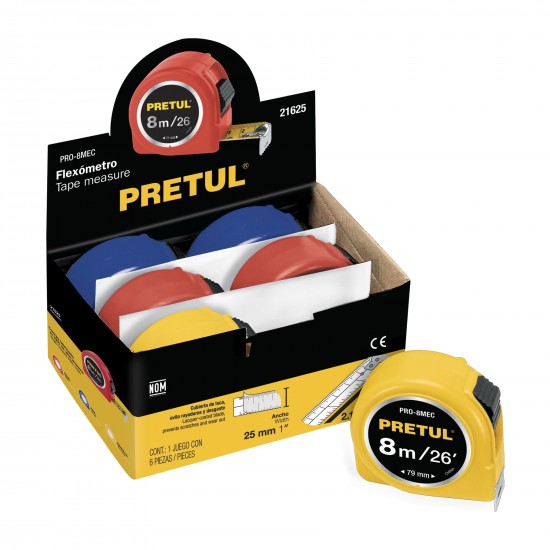 PRETUL 8M COLOUR TAPE 6PC DISPLAY